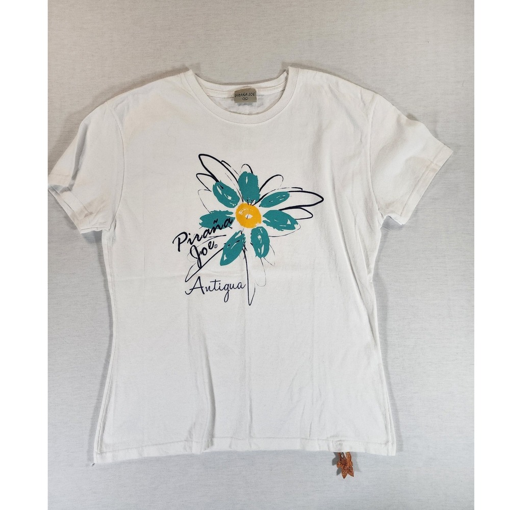 Pirana Joe Antigua T-Shirt Womens XL White Cotton Floral Souvenir Tee